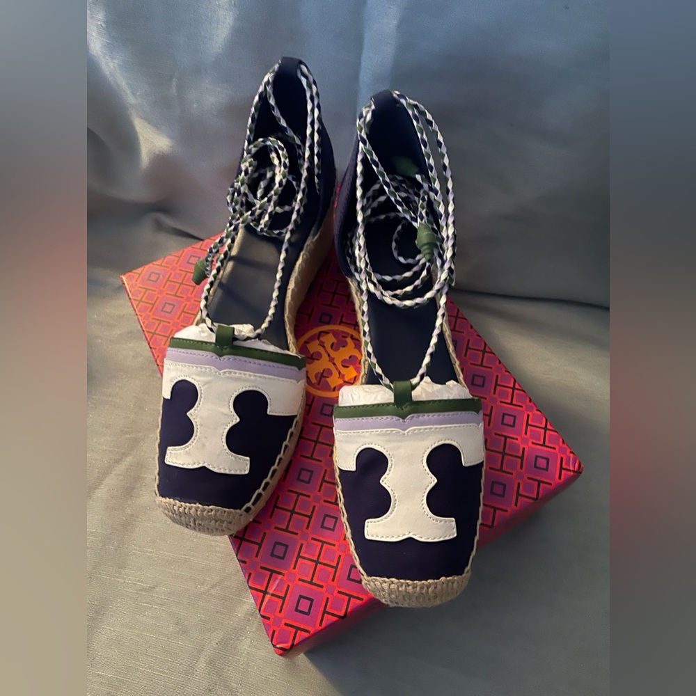 New Tory Burch Laguna Espadrille Wedge- Navy Sea Multi Color